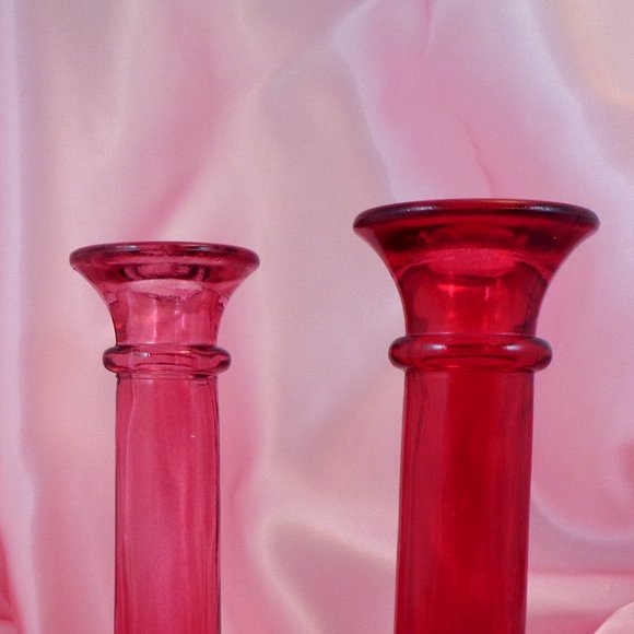 SOLD Two Red Indiana Glass Bud Vases/Candle Holders - Picture 4 of 5